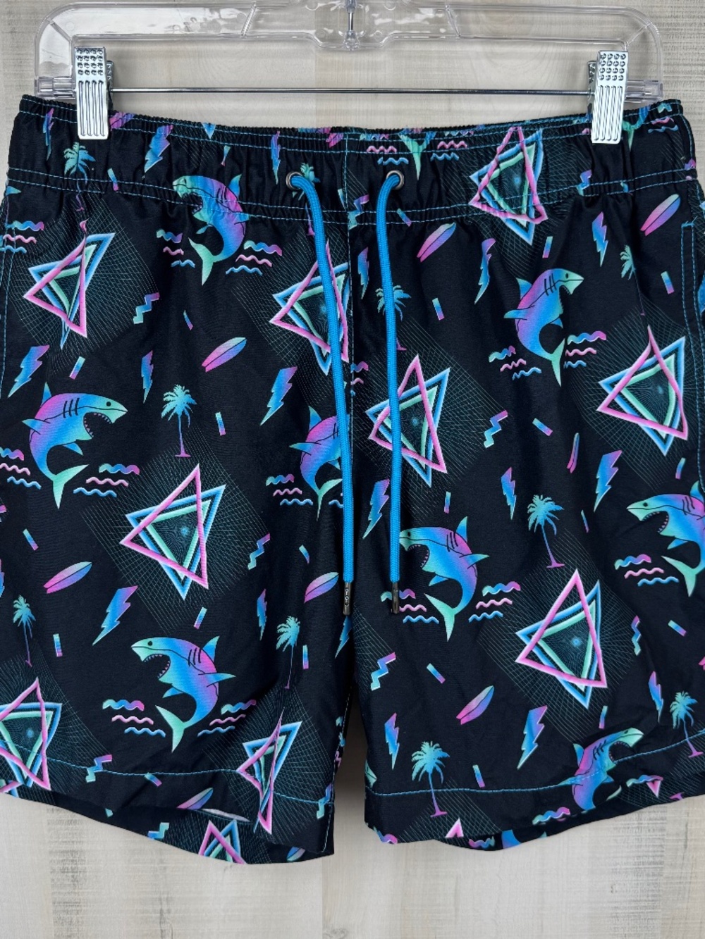 Party Sharks Men’s Swim Trunks Board Shorts Retro 80s Style Black Neon Medium